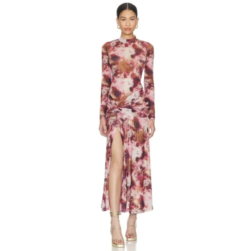 BARDOT Lea Long Sleeve Mesh Sheer Ruched Maxi Dress Tie Dye Pink - Size M